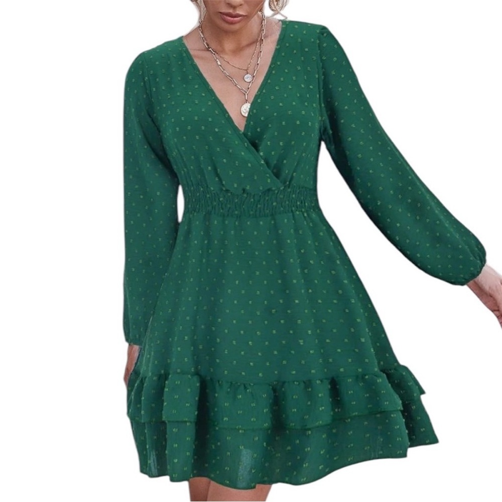 NWT Japna Green Ling Sleeve Swiss Dot Layered Dress. Size Large